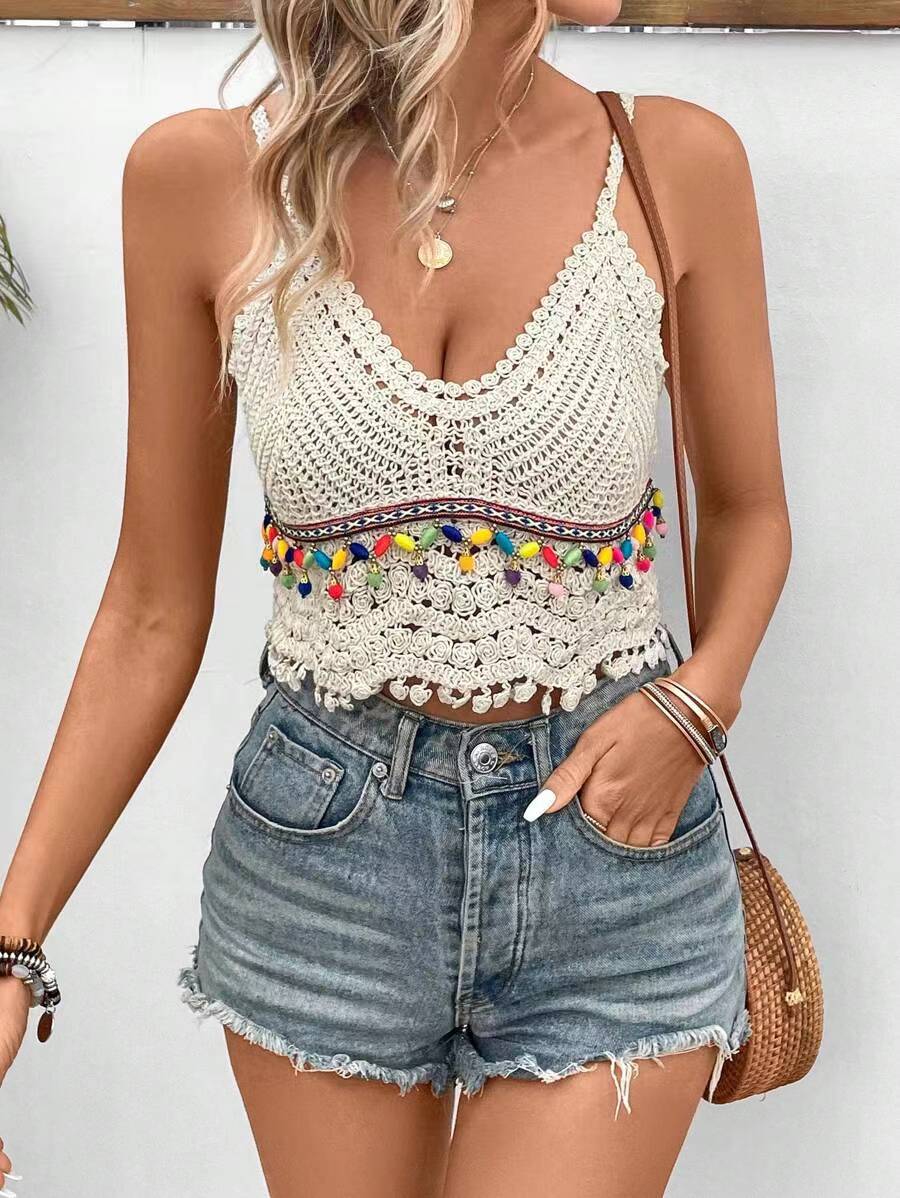 Hand Crocheted Openwork Suspender Top With Tassel Beads Crochet hook Bella Mia